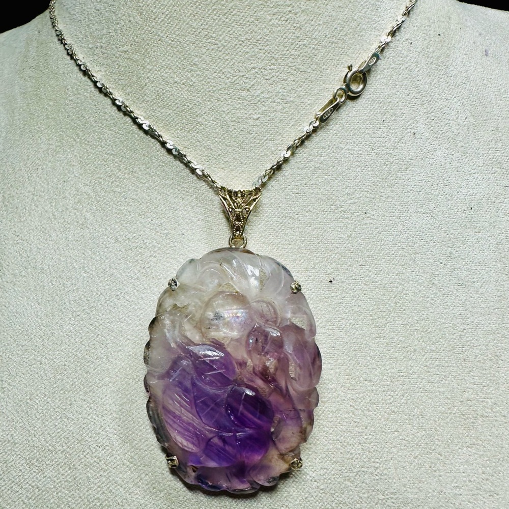 ANTIQUE ART DECO CARVED AMETHYST PENDANT 925 SILVER NECKLACE 16” #270